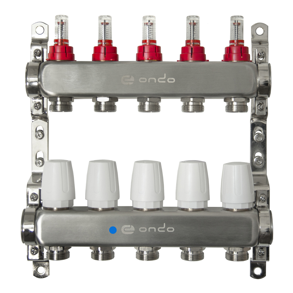 Коллекторная группа ONDO нерж сталь 5 вых. в сборе с расходомерами и термостатическими клапанами бе