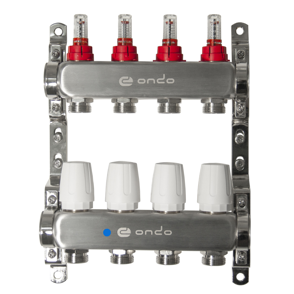 Коллекторная группа ONDO нерж сталь 4 вых. в сборе с расходомерами и термостатическими клапанами бе