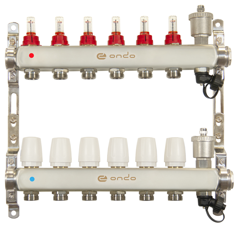 Коллекторная группа ONDO нерж сталь 6 вых. в сборе с автоматическим воздухоотводчиком, расходомерам