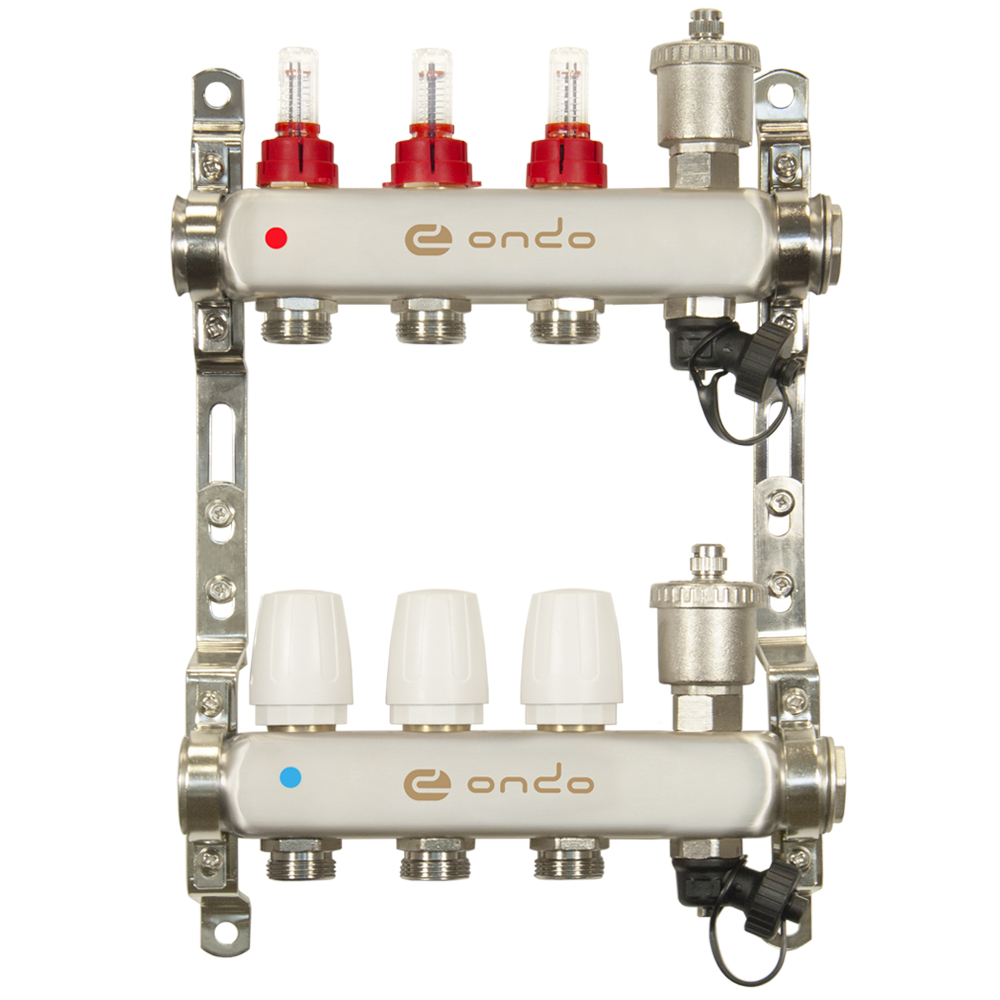 Коллекторная группа ONDO нерж сталь 3 вых. в сборе с автоматическим воздухоотводчиком, расходомерам