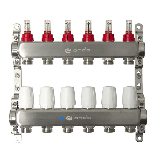 Коллекторная группа ONDO нерж сталь 6 вых. в сборе с расходомерами и термостатическими клапанами без сливных кранов и воздухоотводчиков