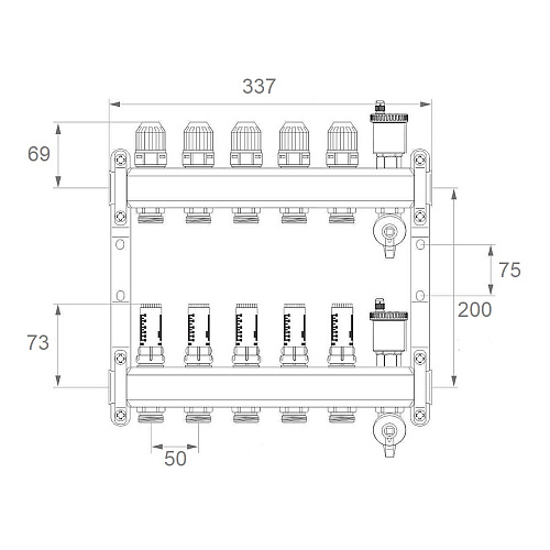 Коллекторная группа ONDO нерж сталь 5 вых. в сборе с автоматическим воздухоотводчиком, расходомерам
