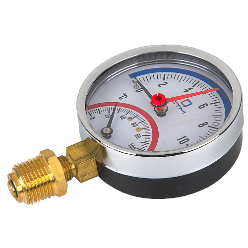 Термо-манометр радиального подключения 1/4" c переходником на 1/2'', измерение до 10 бар, до +120°С