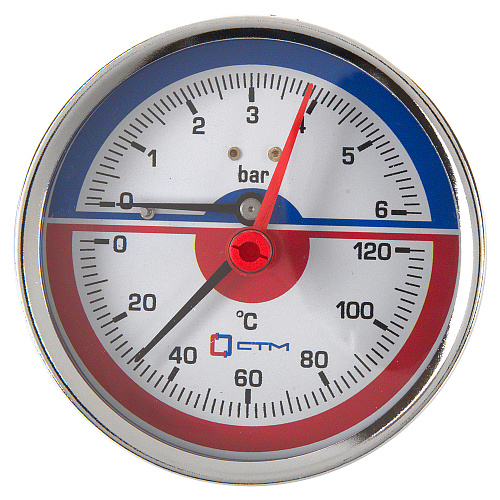 Термо-манометр аксиального подключения 1/4" c переходником на 1/2'', измерение до 6 бар, до +120°С