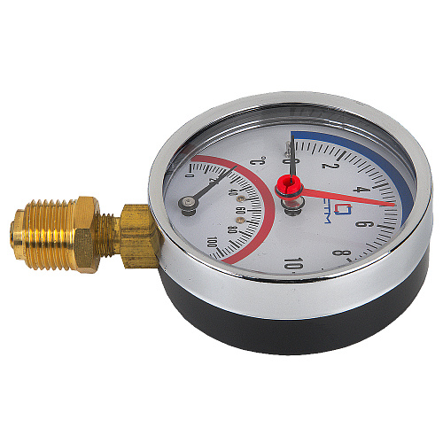 Термо-манометр радиального подключения 1/4" c переходником на 1/2'', измерение до 10 бар, до +120°С