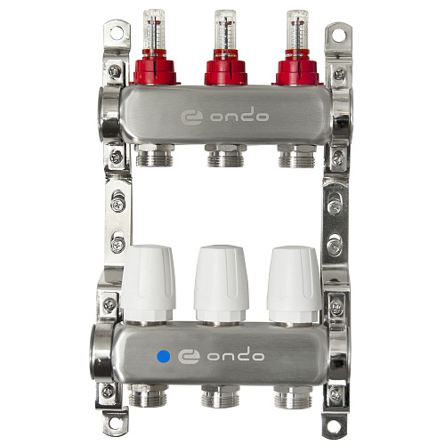 Коллекторная группа ONDO нерж сталь 3 вых. в сборе с расходомерами и термостатическими клапанами без сливных кранов и воздухоотводчиков