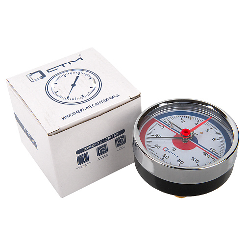 Термо-манометр аксиального подключения 1/4" c переходником на 1/2'', измерение до 10 бар, до +120°С