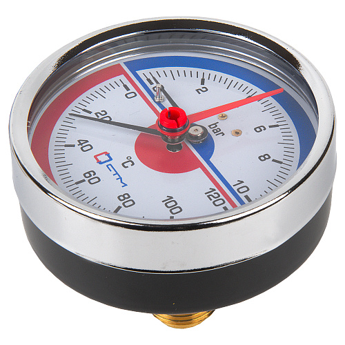 Термо-манометр аксиального подключения 1/4" c переходником на 1/2'', измерение до 10 бар, до +120°С