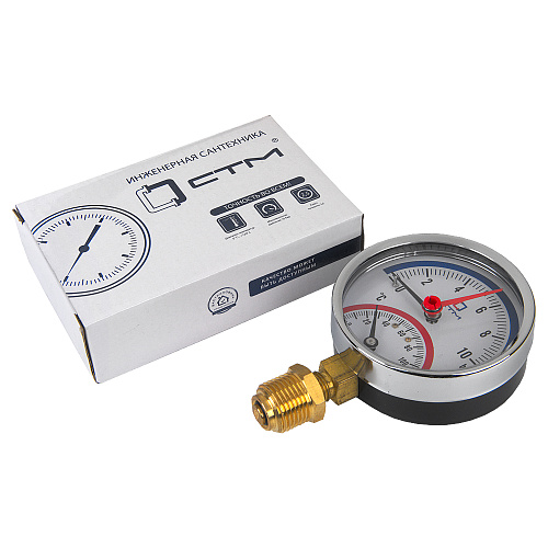 Термо-манометр радиального подключения 1/4" c переходником на 1/2'', измерение до 10 бар, до +120°С