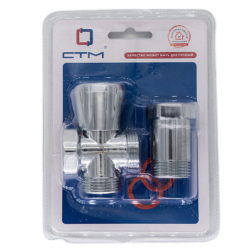 Вентиль трехпроходной  3/4"х3/4"х3/4" ш/ш/г с удлинительной гайкой, маховик, хром. СТМ Вентиль трехпроходной  3/4"х3/4"х3/4" ш/ш/г с удлинительной гайкой, маховик, хром. СТМ