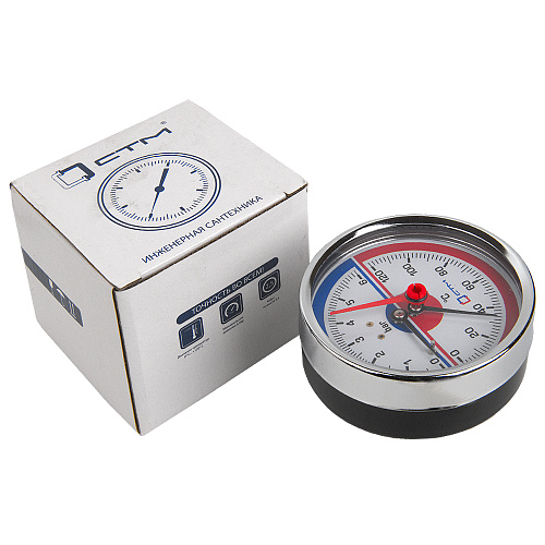 Термо-манометр аксиального подключения 1/4" c переходником на 1/2'', измерение до 6 бар, до +120°С