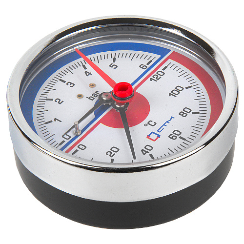 Термо-манометр аксиального подключения 1/4" c переходником на 1/2'', измерение до 6 бар, до +120°С