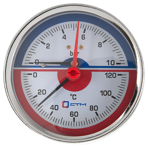 Термо-манометр аксиального подключения 1/4" c переходником на 1/2'', измерение до 10 бар, до +120°С