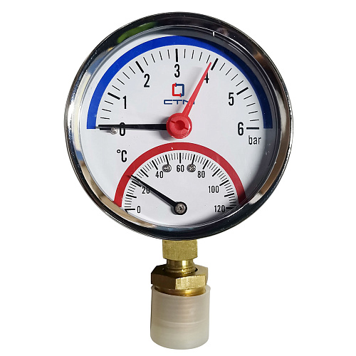 Термо-манометр радиального подключения 1/4"c переходником на 1/2'', измерение до 6 бар, до +120°С