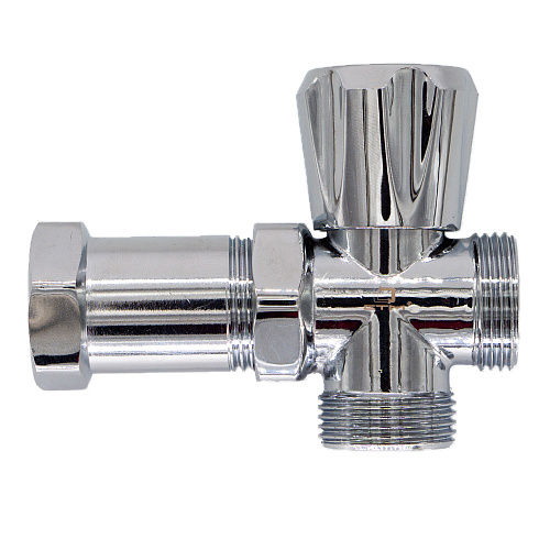 Вентиль трехпроходной  3/4"х3/4"х3/4" ш/ш/г с удлинительной гайкой, маховик, хром. СТМ Вентиль трехпроходной  3/4"х3/4"х3/4" ш/ш/г с удлинительной гайкой, маховик, хром. СТМ
