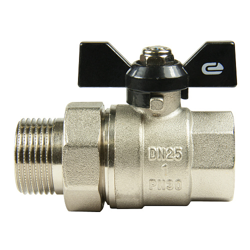 Кран шаровой для воды 1" с накидной гайкой бабочка, никель, ONDO