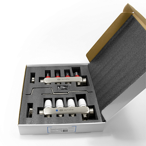 Коллекторная группа ONDO нерж сталь 4 вых. в сборе с расходомерами и термостатическими клапанами без сливных кранов и воздухоотводчиков