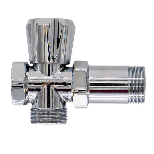 Вентиль трехпроходной  3/4"х3/4"х3/4" ш/ш/г с удлинительной гайкой, маховик, хром. СТМ Вентиль трехпроходной  3/4"х3/4"х3/4" ш/ш/г с удлинительной гайкой, маховик, хром. СТМ