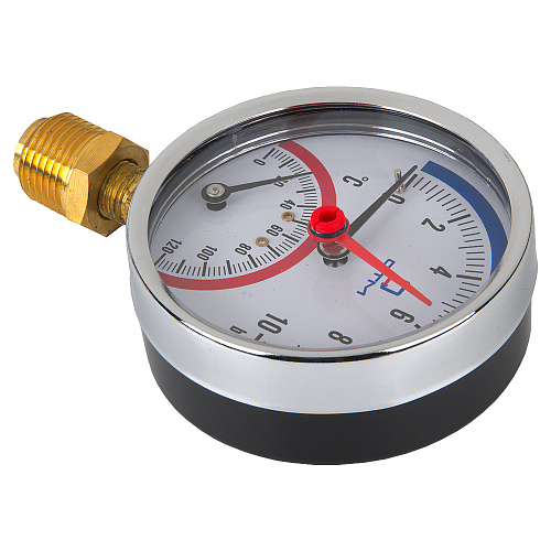 Термо-манометр радиального подключения 1/4" c переходником на 1/2'', измерение до 10 бар, до +120°С