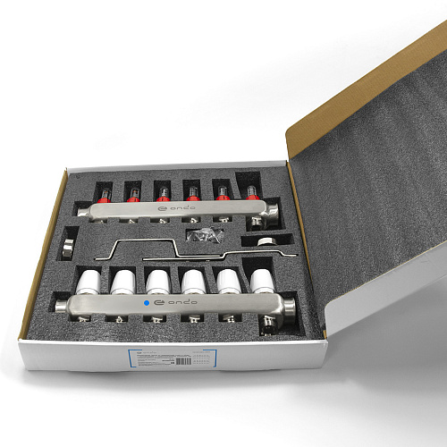 Коллекторная группа ONDO нерж сталь 6 вых. в сборе с расходомерами и термостатическими клапанами без сливных кранов и воздухоотводчиков