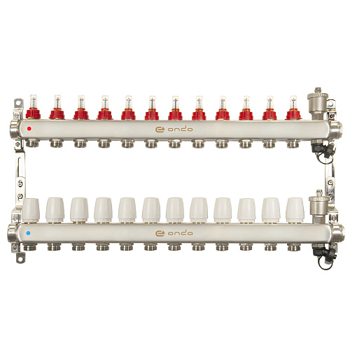 Коллекторная группа ONDO нерж сталь 12 вых. в сборе с автоматическим воздухоотводчиком, расходомера