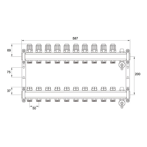 Коллекторная группа ONDO нерж сталь 10 вых. в сборе с термостатическими и запорными клапанами