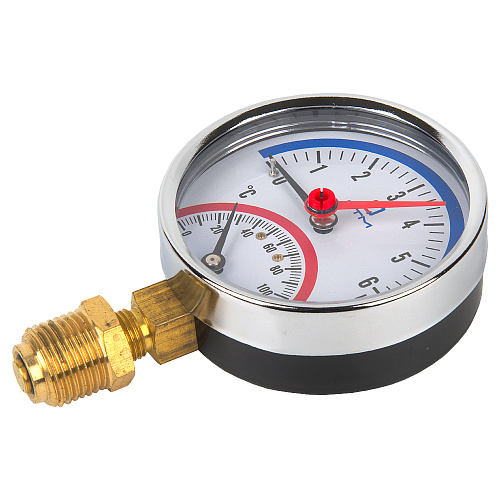 Термо-манометр радиального подключения 1/4"c переходником на 1/2'', измерение до 6 бар, до +120°С