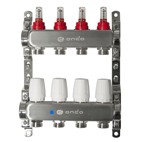 Коллекторная группа ONDO нерж сталь 4 вых. в сборе с расходомерами и термостатическими клапанами без сливных кранов и воздухоотводчиков