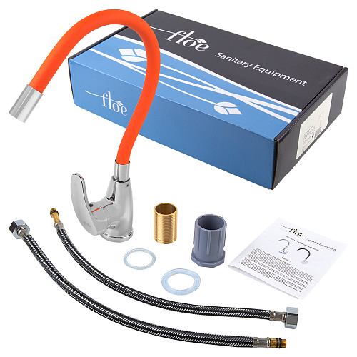 Смеситель FLOE FK234-GO для кухни, 40 мм, на гайке, с боковой ручкой, с гибким оранжевым изливом