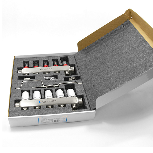 Коллекторная группа ONDO нерж сталь 5 вых. в сборе с расходомерами и термостатическими клапанами без сливных кранов и воздухоотводчиков