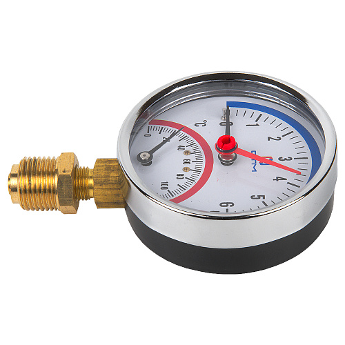 Термо-манометр радиального подключения 1/4"c переходником на 1/2'', измерение до 6 бар, до +120°С