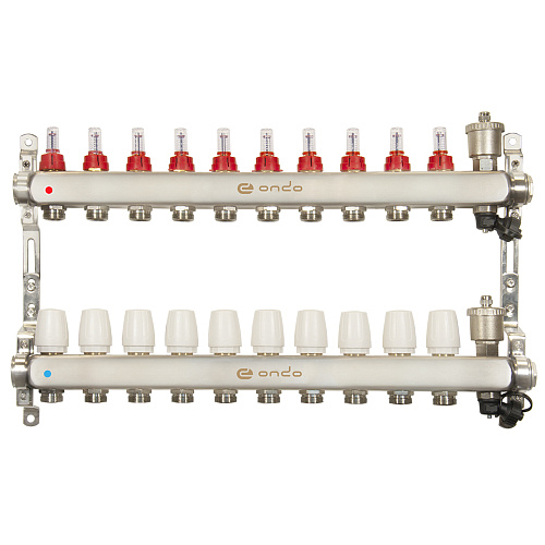 Коллекторная группа ONDO нерж сталь 10 вых. в сборе с автоматическим воздухоотводчиком, расходомера Коллекторная группа ONDO нерж сталь 10 вых. в сборе с автоматическим воздухоотводчиком, расходомера