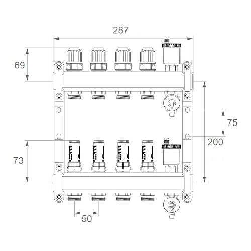 Коллекторная группа ONDO нерж сталь 4 вых. в сборе с автоматическим воздухоотводчиком, расходомерам