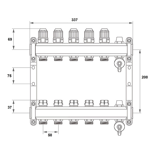Коллекторная группа ONDO нерж сталь 5 вых. в сборе  с термостатическими и запорными клапанами