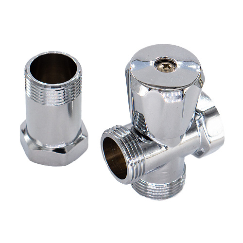 Вентиль трехпроходной  3/4"х3/4"х3/4" ш/ш/г с удлинительной гайкой, маховик, хром. СТМ Вентиль трехпроходной  3/4"х3/4"х3/4" ш/ш/г с удлинительной гайкой, маховик, хром. СТМ